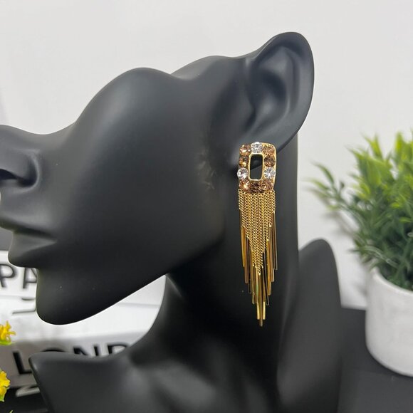 Glamorous Korean Zircons Stud Gold Chain Tassel Earrings for Women - Picture 1 of 2
